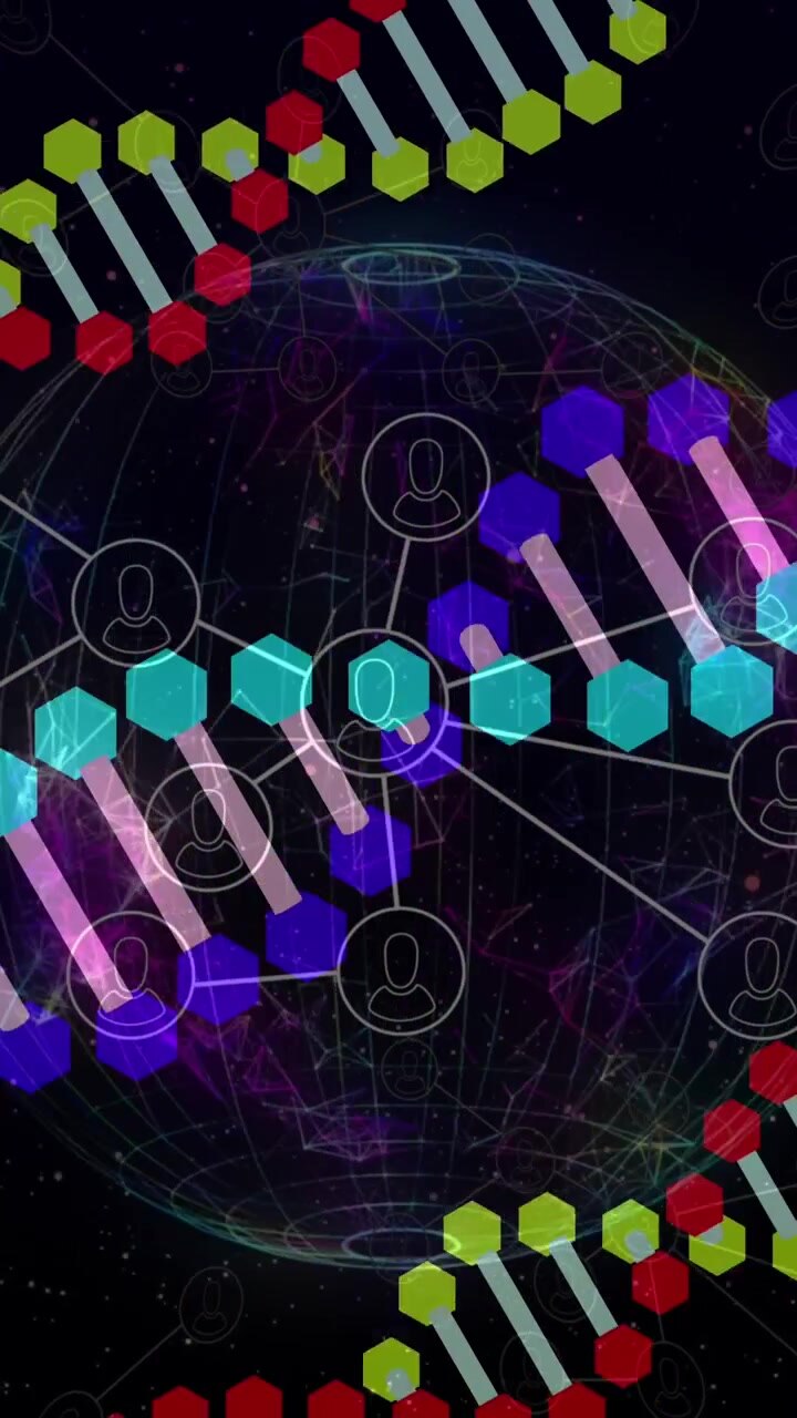 Animation of dna strand rotating over moving columns and cells on black background