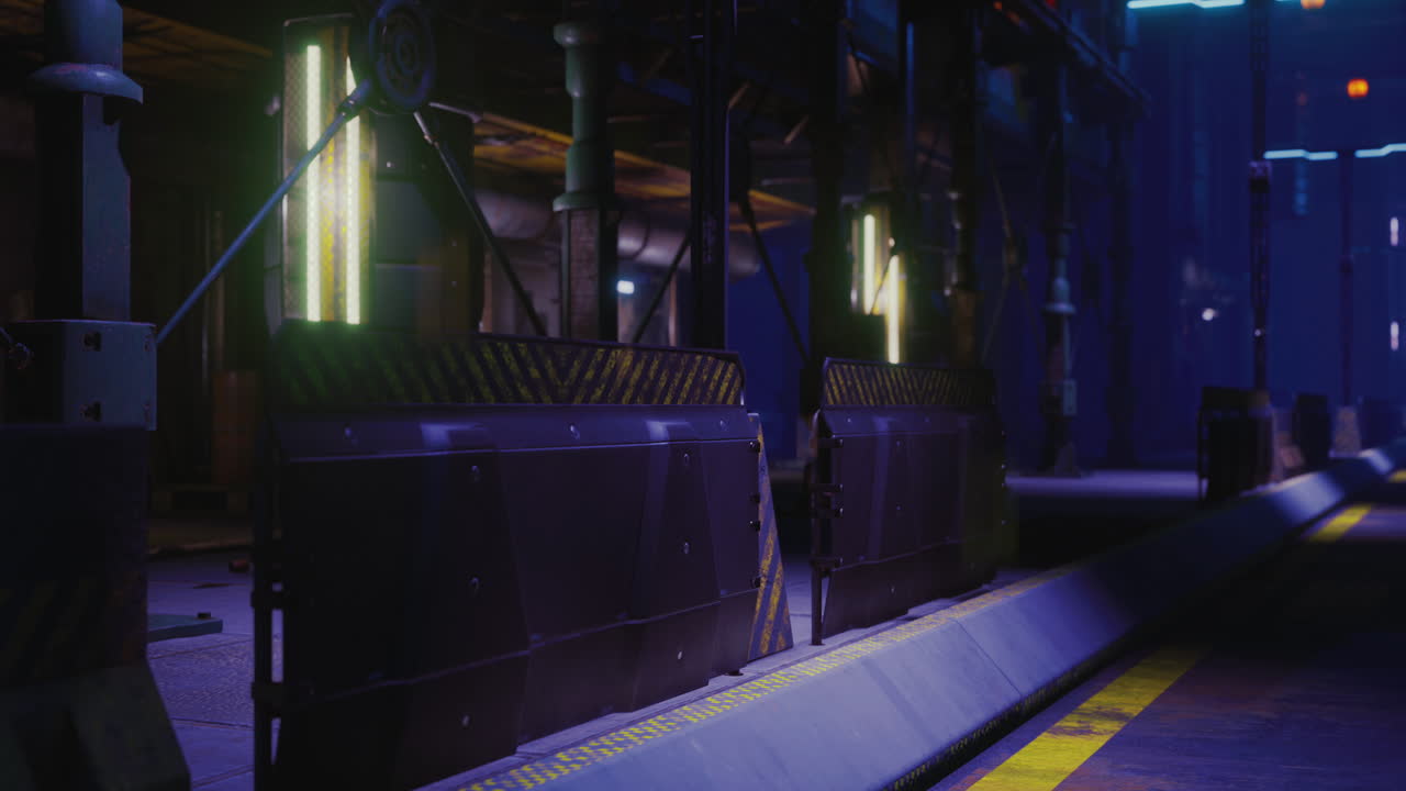 Industrial lighting in a darkened urban setting with futuristic elements