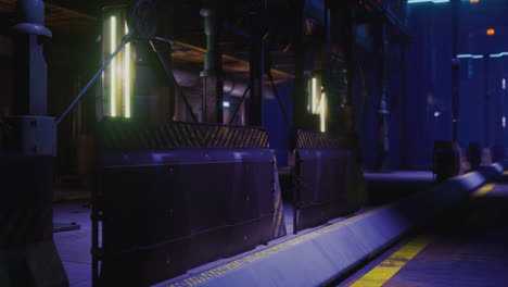 industrial lighting in a darkened urban setting with futuristic elements