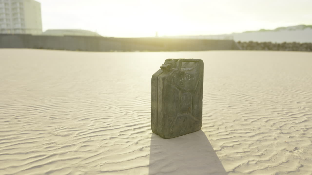 Black container on sandy beach during sunrise with soft light reflections