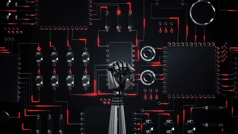 mano del robot y placa de circuito rojo brillante