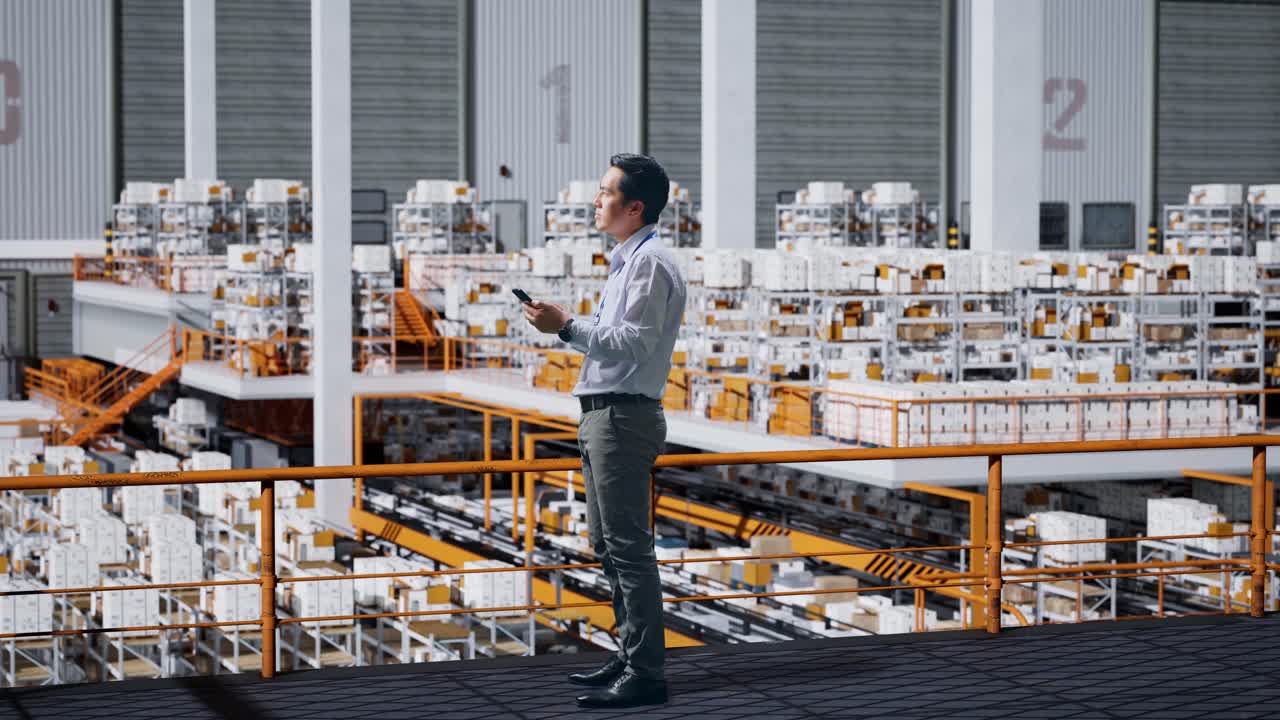 vista lateral de cuerpo completo hombre de negocios asiático usando teléfono móvil un mirando a su alrededor en el almacén