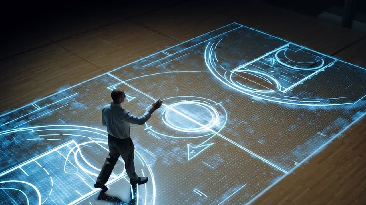Digital court projection showcases basketball strategies and plays