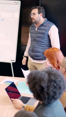 worker explaining a project to colleagues in a meeting room
