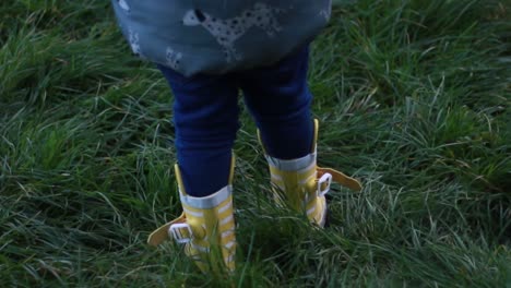 una niña pequeña caminando a través de la hierba larga y húmeda con sus botas de agua de lunares amarillos brillantes