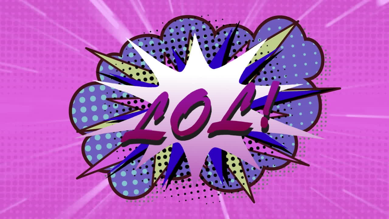 보라색 배경의 빛 트레일에 대한 레트로 음성 거품 위의 lol 텍스트의 애니메이션