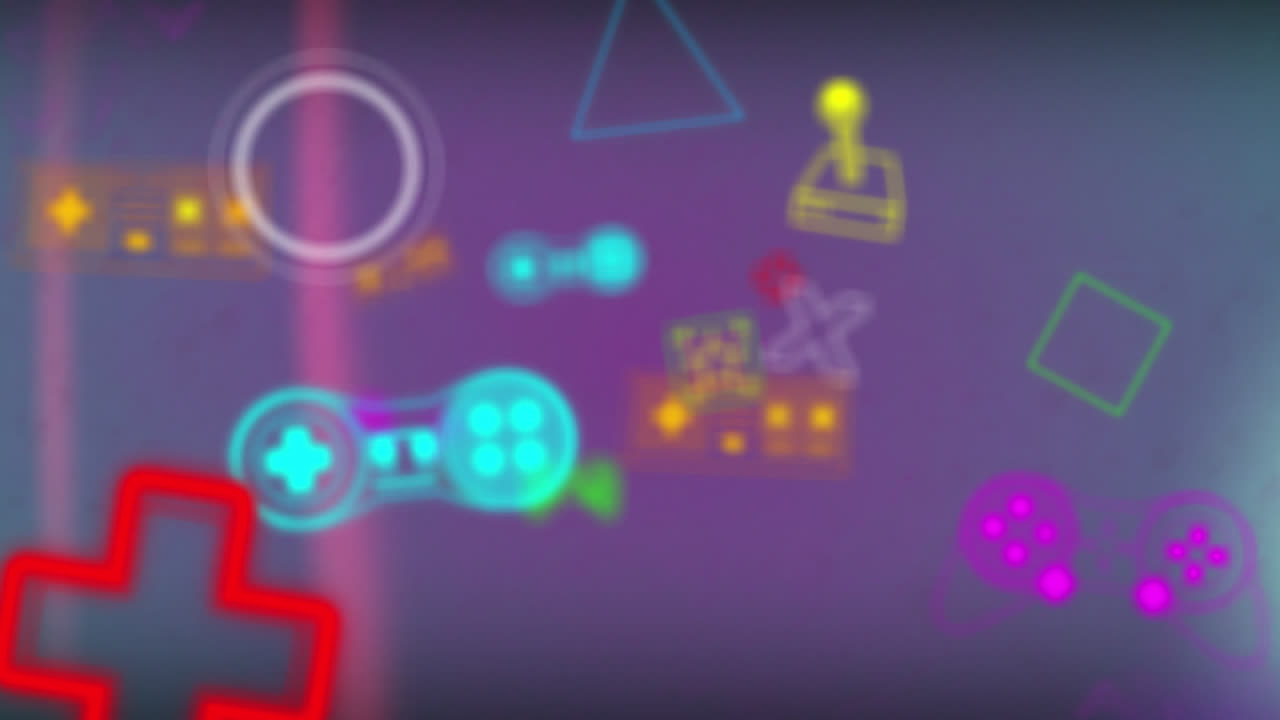 animación de consolas de juegos y controles remotos con formas geométricas sobre fondo negro