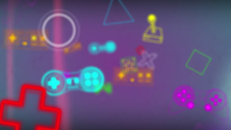 animación de consolas de juegos y controles remotos con formas geométricas sobre fondo negro
