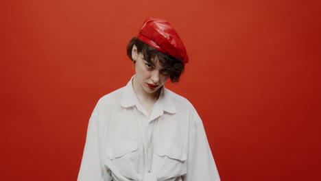 mujer con boina roja y camisa blanca