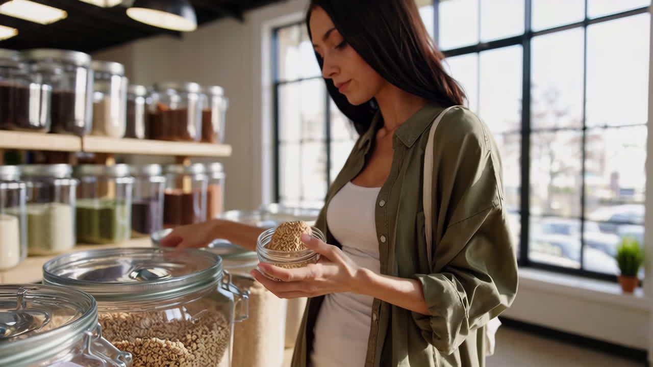 Woman shopping for bulk items in a zero-waste grocery store