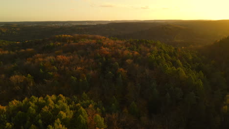 Luftdrohnenflug-über-Sanfte-Hügel-Mit-Herbstfarbenen-Waldbäumen-Bei-Goldenem-Sonnenuntergang