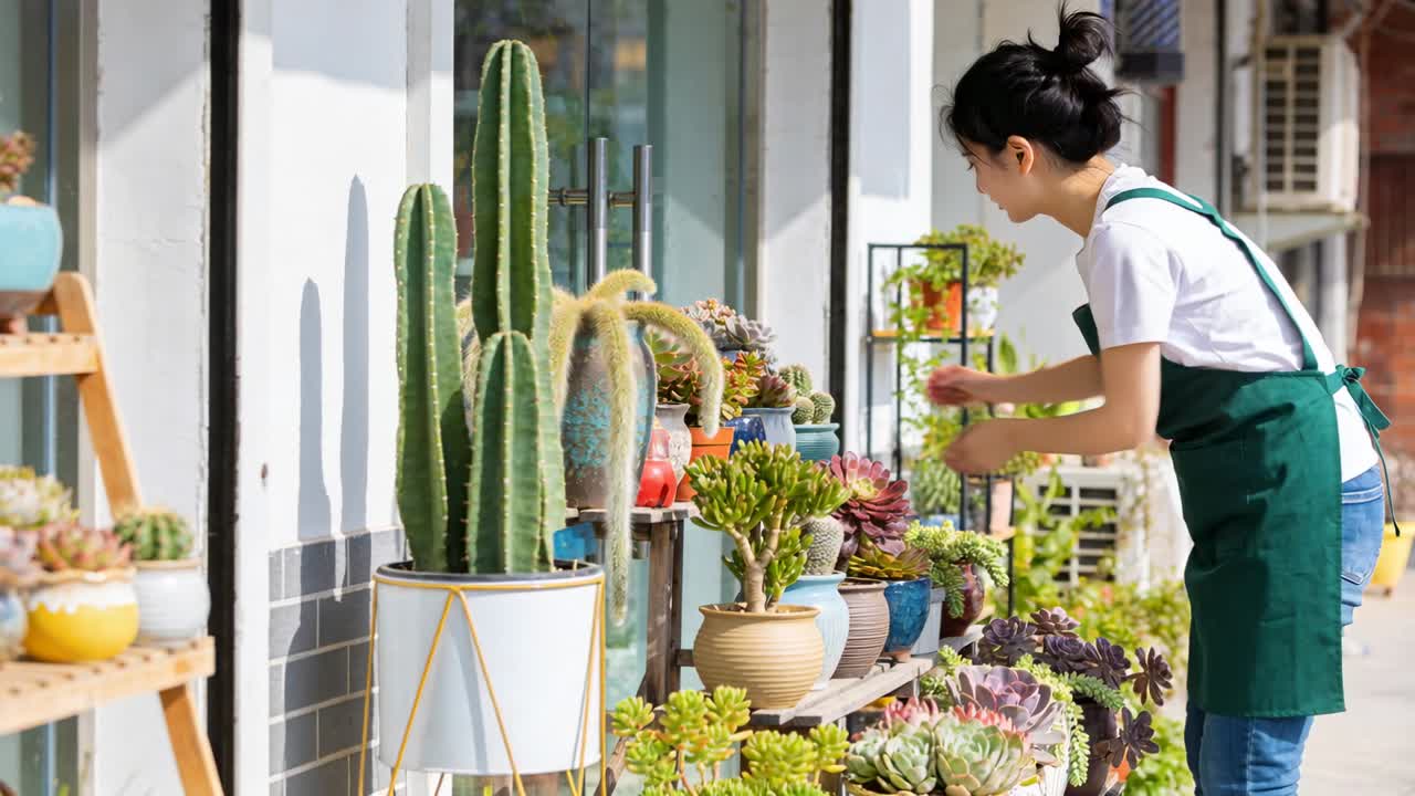 緑のエプロンとジーンズを着用した花屋の店員が、多肉植物やサボテンをディスプレイ用に手入れしている。コピー空間あり。