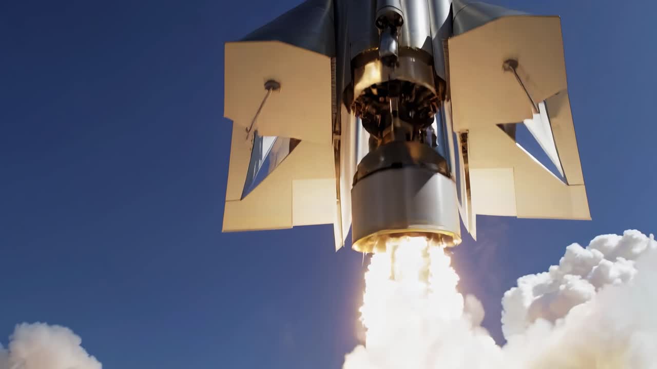 Low-angle shot of a rocket launch, capturing the power and smoke, conveying a dynamic and futuristic