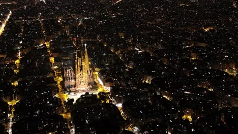 aerial view of barcelona eixample residential district and famous basilica sagrada familia at night. catalonia, spain