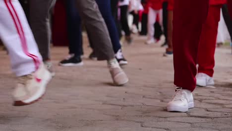 close up of people's foot celebrate indonesia's independence day by doing gymnastics together