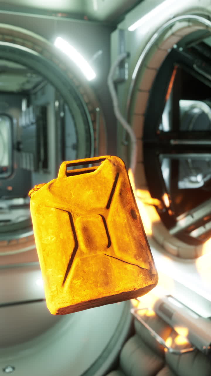 un bote de gasolina en llamas flotando en una nave espacial