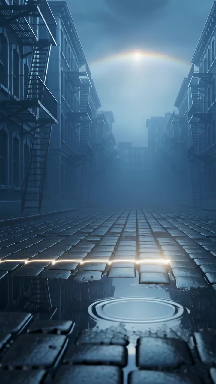 Vertical video: Appearing narrow glow crossing wet cobbles in foggy lane, creating puddle ripples