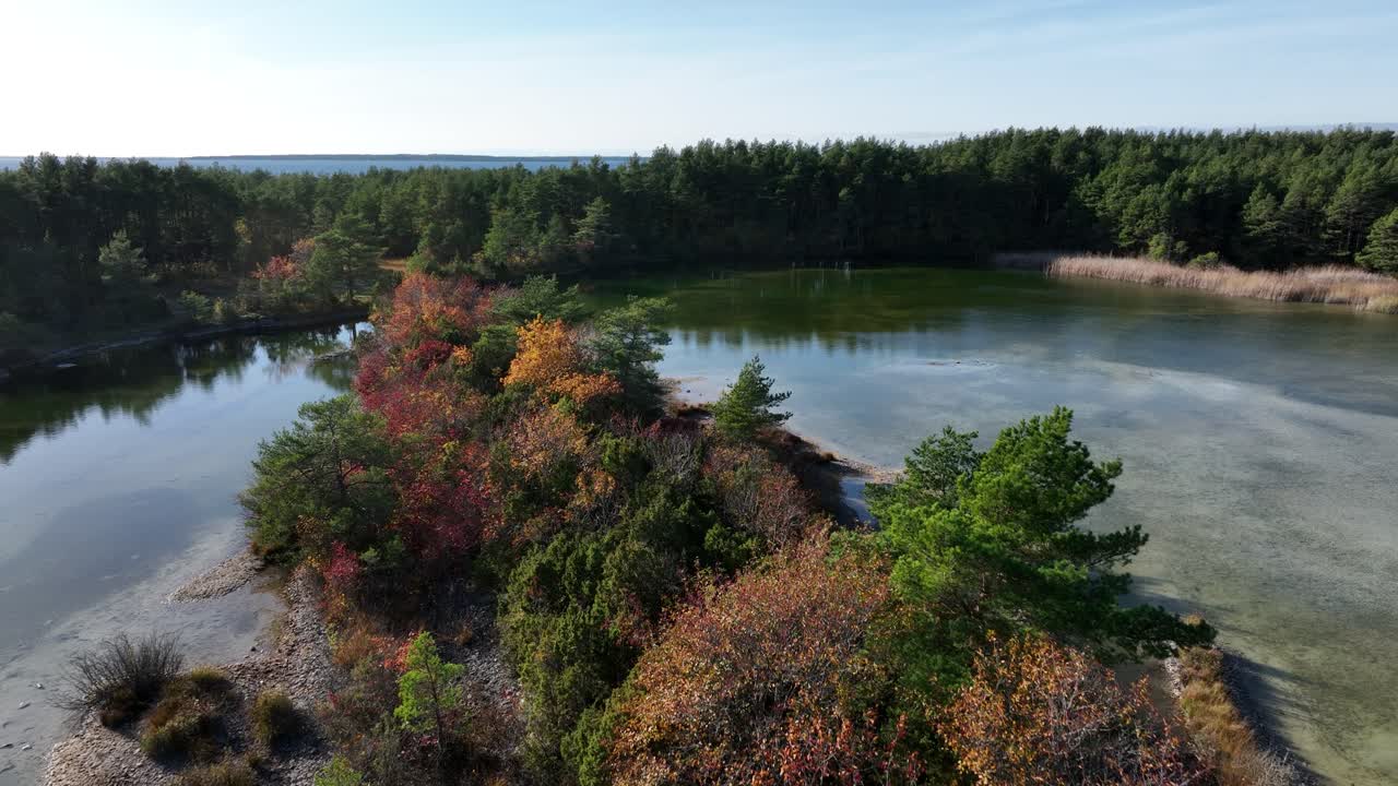 Beautiful nature in autumn colors by Lake Jaagarahu, which is a former limestone quarry, in Saaremaa. Estonia.