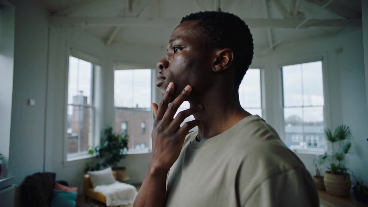Entering adult man pausing in bright loft by bay windows, touching jawline while assessing face