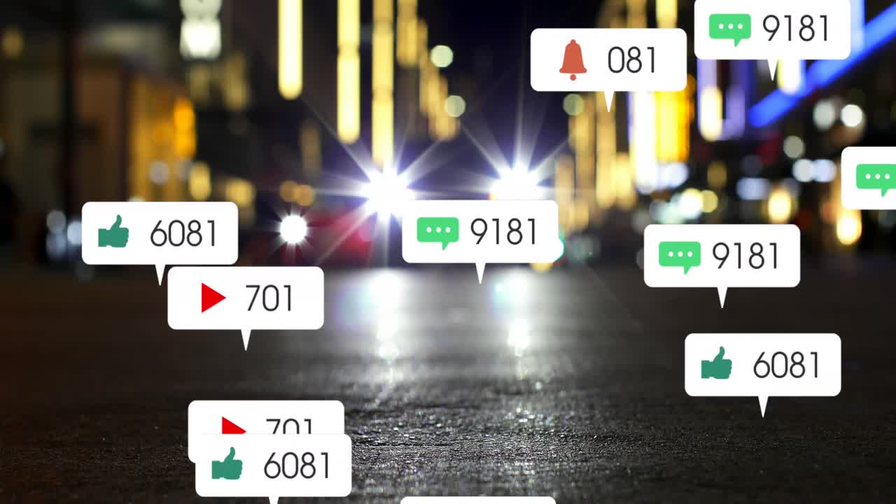 야간 도시 풍경에서 소셜 미디어 아이콘과의 연결 네트워크의 애니메이션