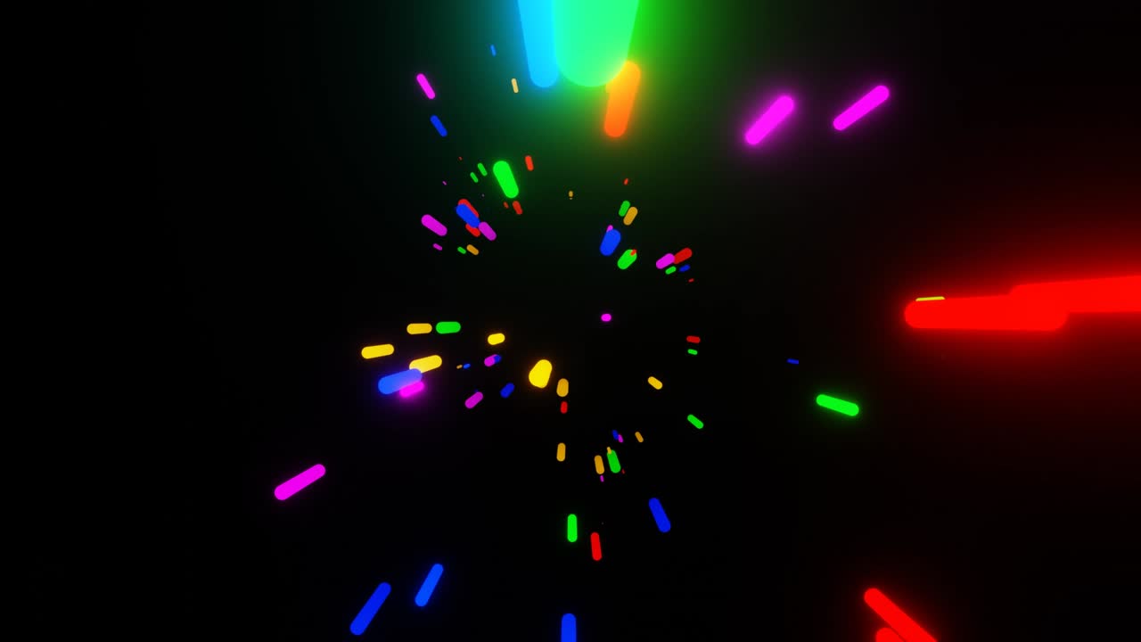 Random abstract multicolored neon tube or sticks lights fly towards the camera on black background