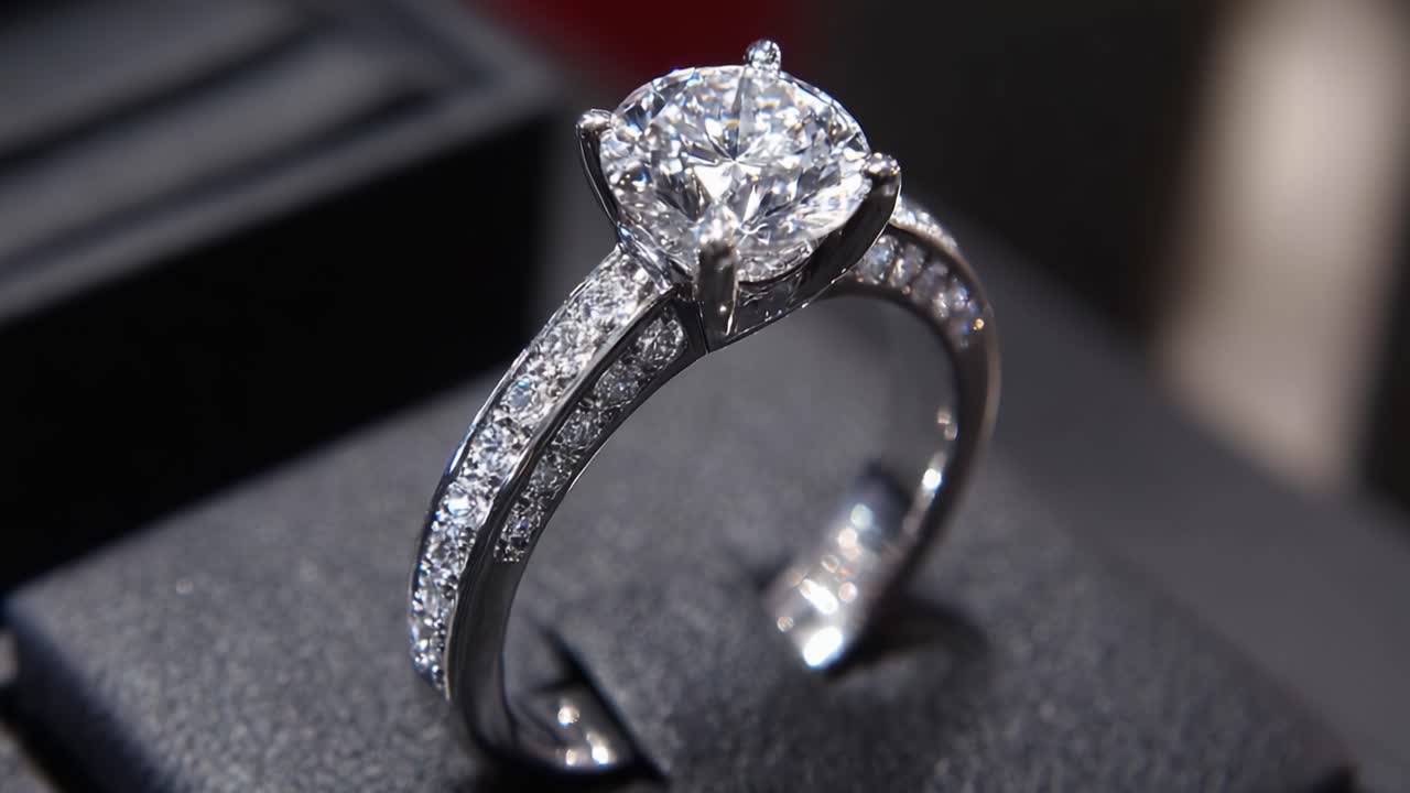 Magnifico anello di fidanzamento con diamante che brilla elegantemente con pietra centrale a taglio brillante e raffinata montatura pavé, perfetto per celebrare amore e impegno.
