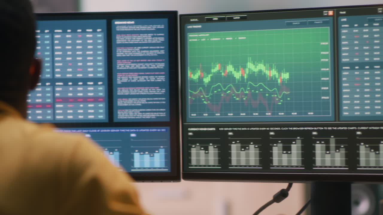 Person Analyzing Stock Market Data on Multiple Monitors
