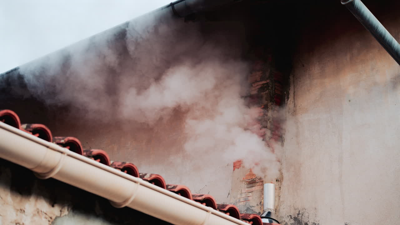 A close up of dense white smoke billowing from an old brick chimney against a faded beige wall