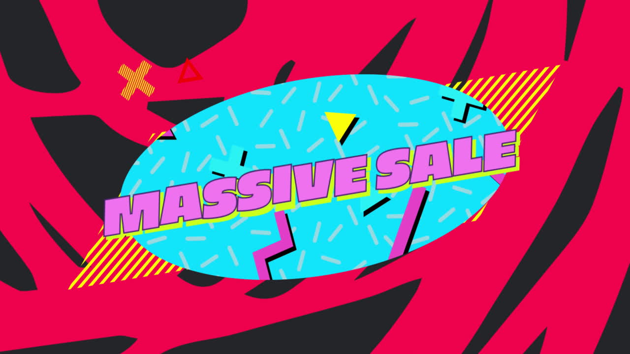 빨간색과 검은색 패턴의 배경에 터키즈색 타원형의 대규모 판매 그래픽