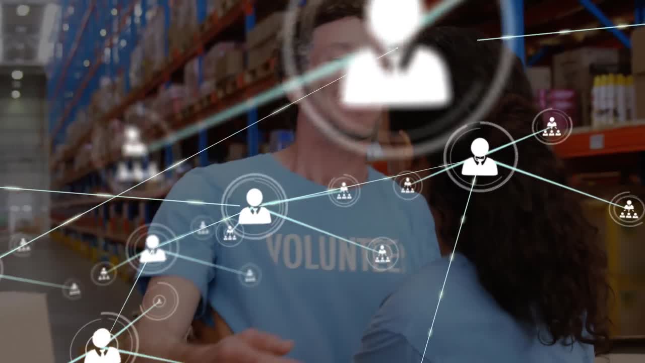 animación de la red de conexiones entre diversas personas en el almacén