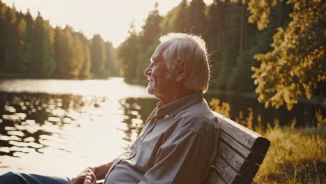 senior man relaxing by the lake at sunset