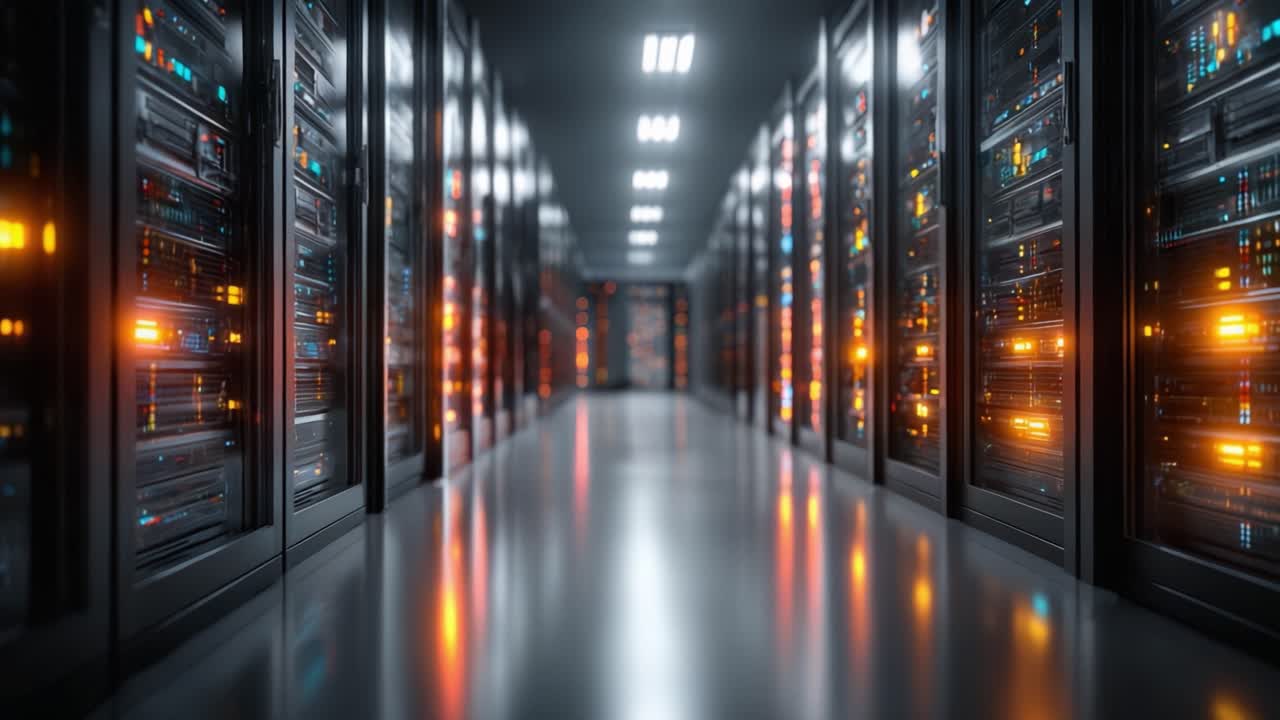 Illuminated Server Corridor: Exploring a Modern Data Center with Rows of High-Performance Servers and Vibrant LED Lights for Data Processing and Storage