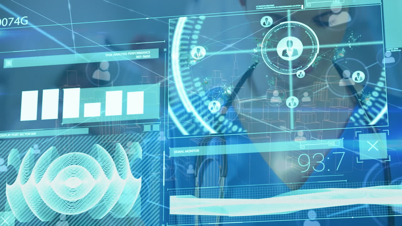 환자와 함께 백인 여성 의사에 대한 데이터 처리 애니메이션