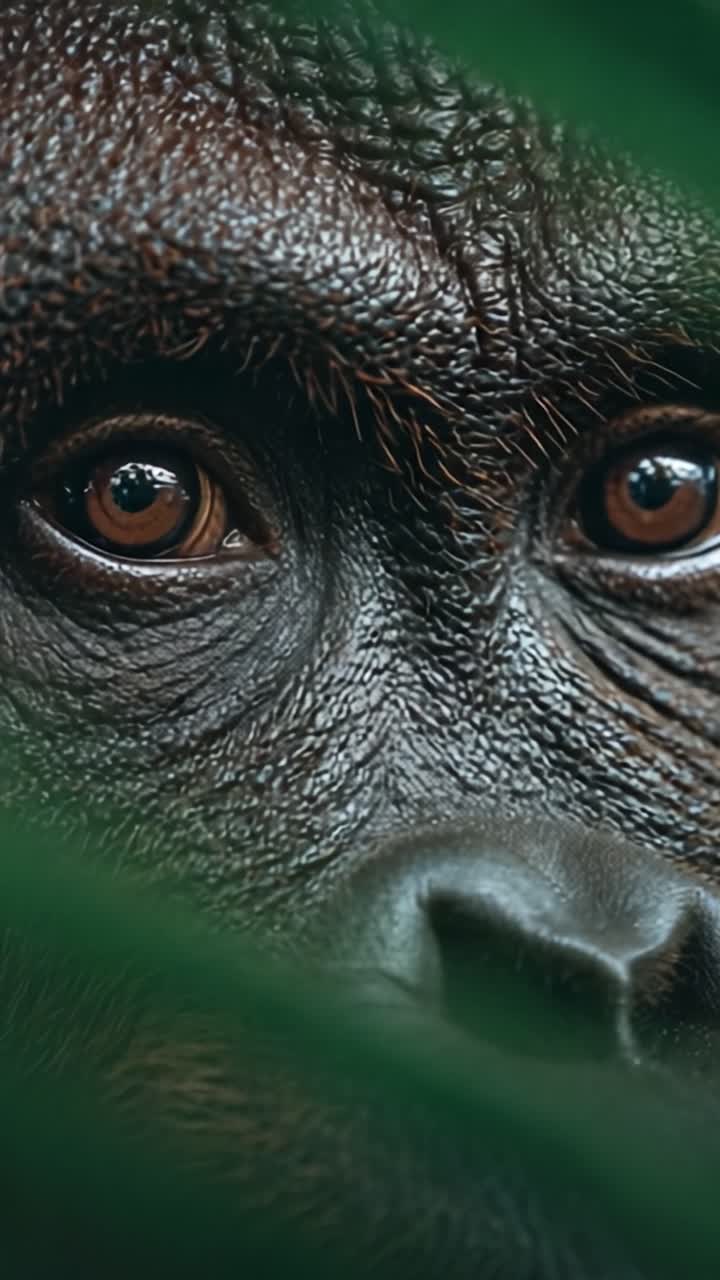 Una connessione profonda: Primo piano dello sguardo intenso di un maestoso gorilla attraverso un lussureggiante fogliame verde, catturando il fascino della fauna selvatica nel suo habitat naturale
