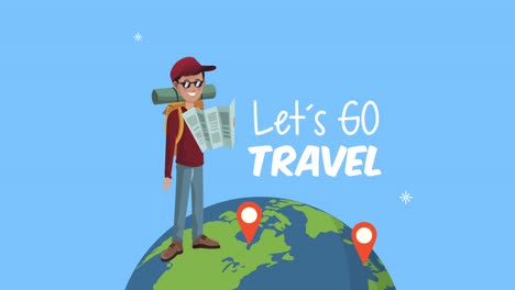 lets go travel lettering with tourist in earth planet