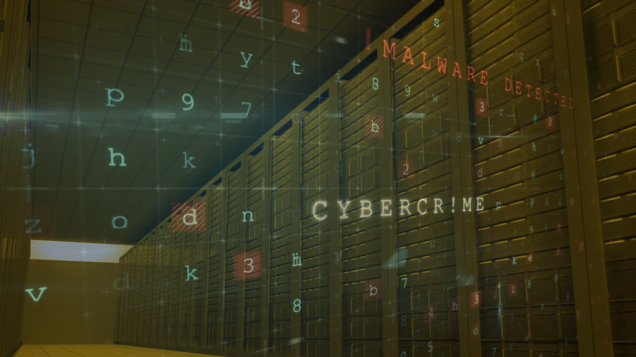 animación de advertencia de ataque cibernético sobre la sala de servidores