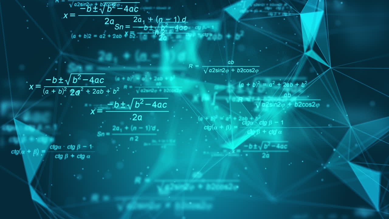 Mathematical abstract background with numbers and formulas. Scientific equations with plexus lines and triangles. School looped animation.