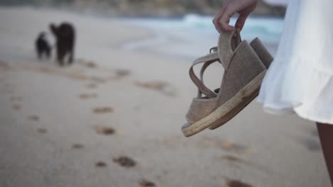 Slow-motion-dolly-shot-of-a-young-beautiful-woman-in-white-dress-with-her-shoes-in-her-hand-while-walking-along-the-sandy-beach-with-calm-waves-from-the-sea-with-two-dogs-in-the-background