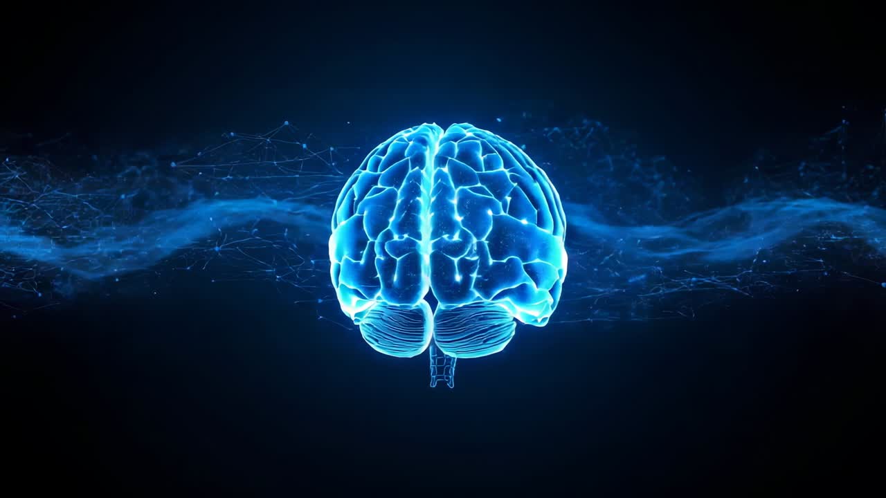 Shifting camera perspective causing wireframe brain rotating right in void, with data streams