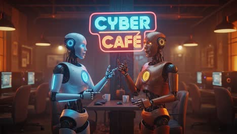 a dynamic interaction between two robots at a cyber café: exploring the future of technology and human-robot communication in a modern digital environment