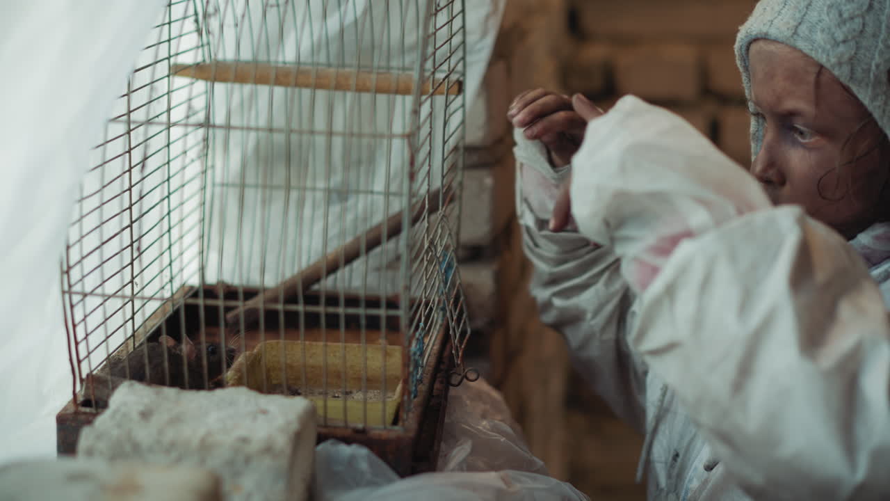 Minor in white suit and wool hat reaches hand toward scared rat inside rusty metal cage while rodent backs away, evoking survival instinct, and raw emotional struggle in cold urban shelter setting