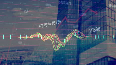 Animation-Mehrerer-Sich-ändernder-Zahlen-Und-Datenverarbeitung-Vor-Hohem-Gebäude-Und-Stadtbild