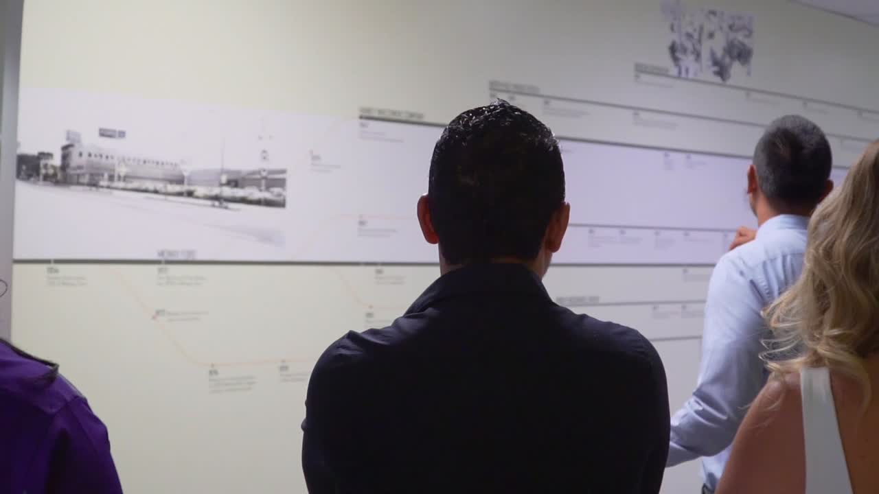 회사 타임라인을 보고 있는 사업가들