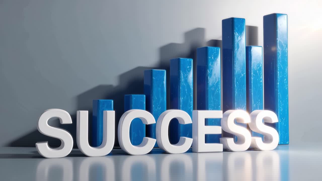 Blue bars rise behind bold white letters spelling SUCCESS. Bright light highlights the message's clarity and optimism. Reflective surface adds depth and professionalism. Ideal for business growth