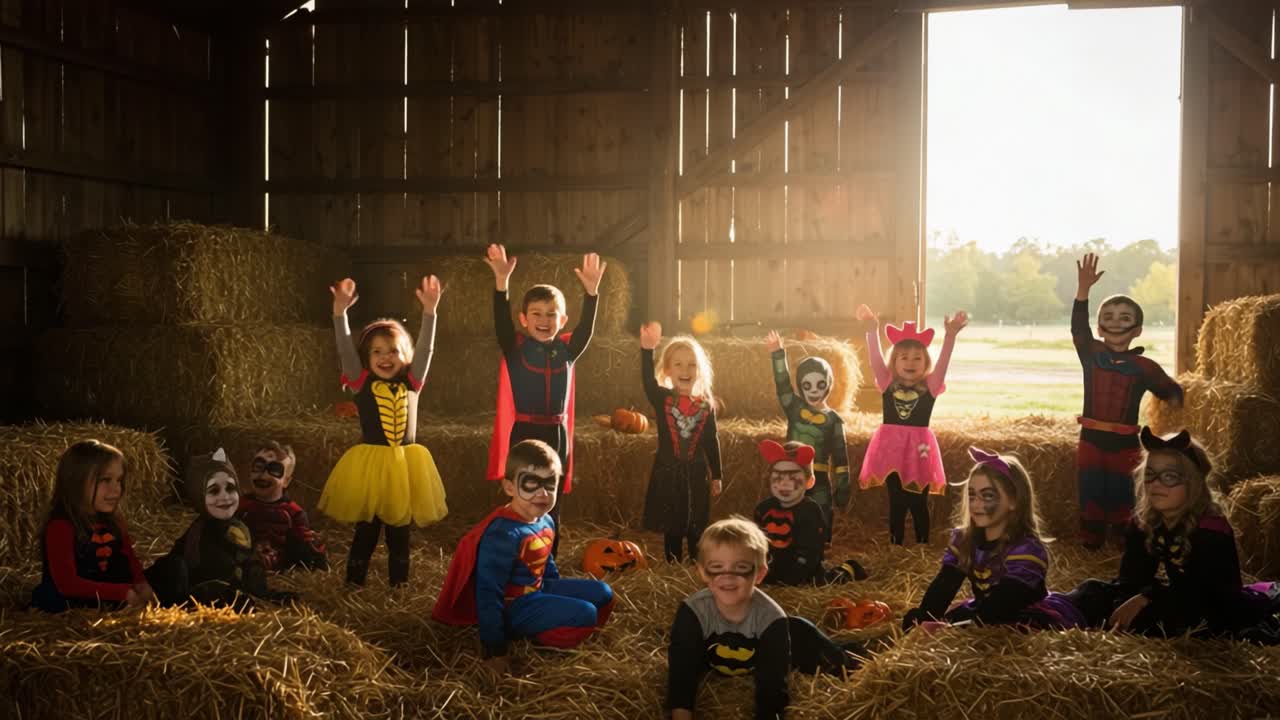 A Joyous Gathering of Children in Colorful Costumes Celebrating Imagination and Playfulness in a Barn Filled with Hay Bales and Halloween Spirit