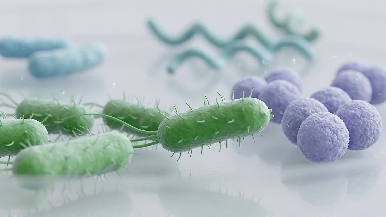 Diferentes tipos de bacterias y microorganismos en una superficie estéril en una visualización de investigación de microbiología de laboratorio.