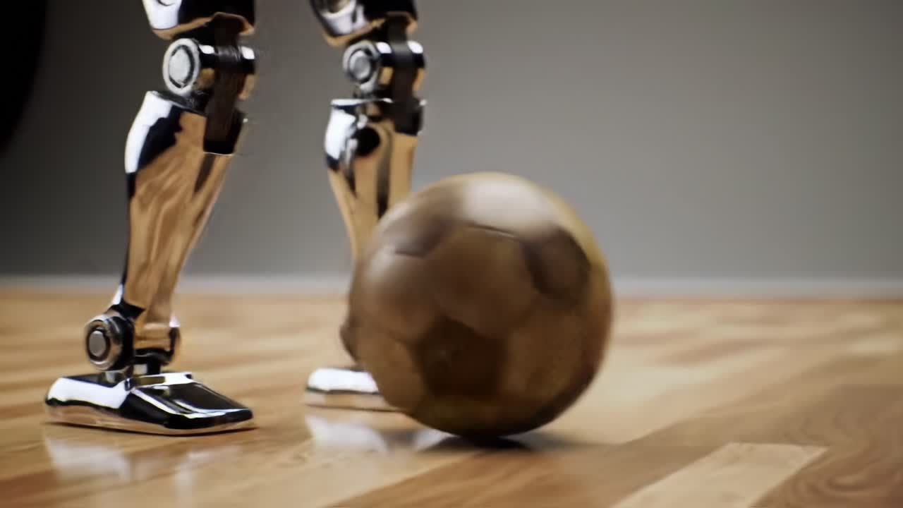 A Close-Up Exploration of a Robotic Leg Kicking a Soccer Ball, Showcasing Advanced Technology and Robotics in Motion Within a Stylish Indoor Environment