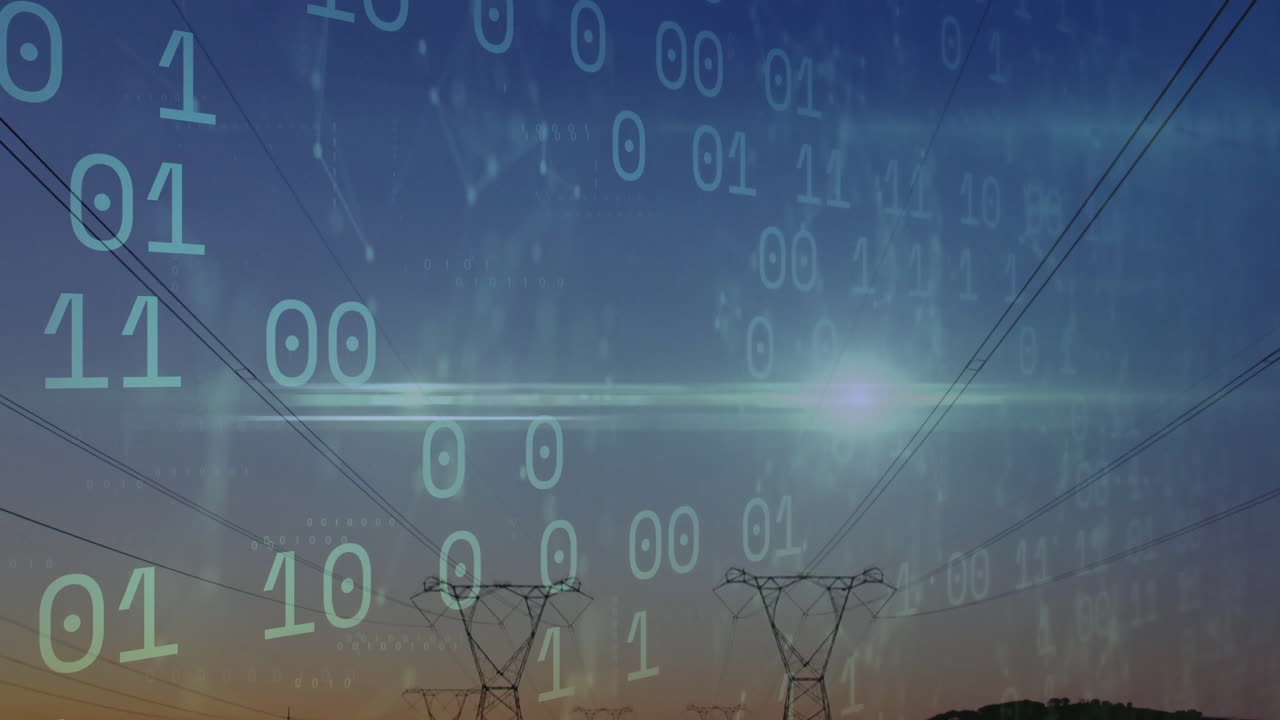 Binary code animating over power lines during sunset in technology concept