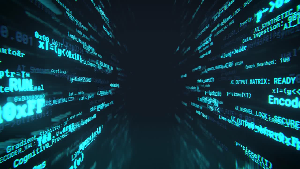 Scrolling Digital Code and Data in a Futuristic Tunnel