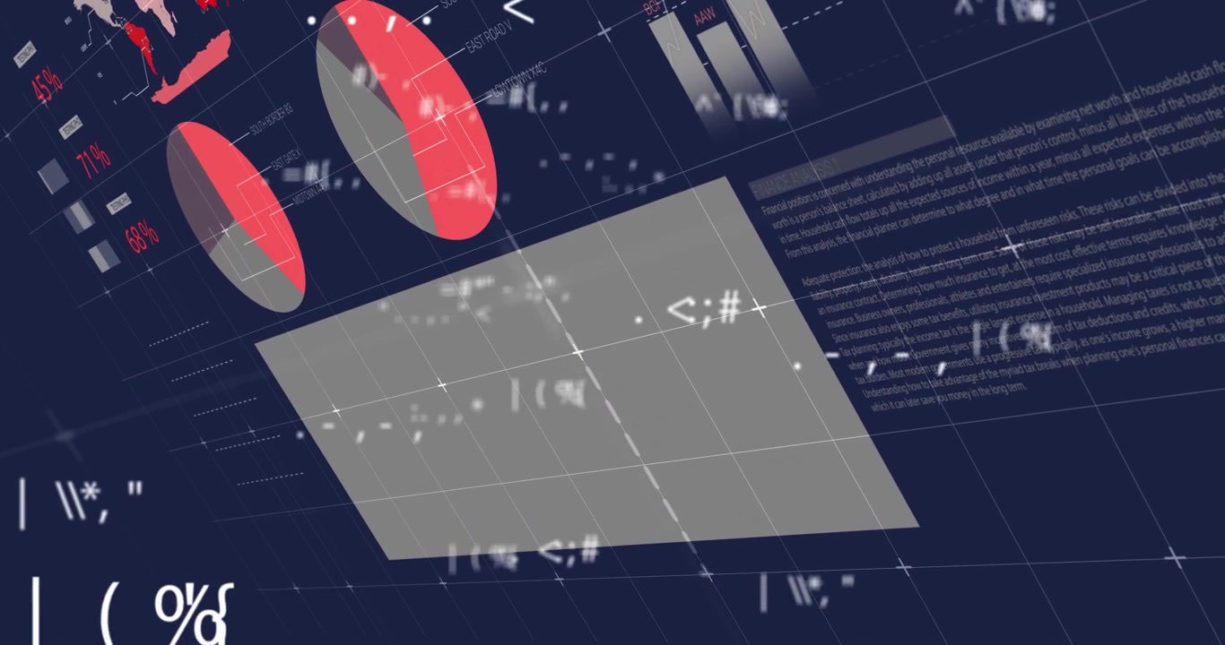 Central gray plane floating angled, surrounding 3D donut charts bar chart and code bits over grid